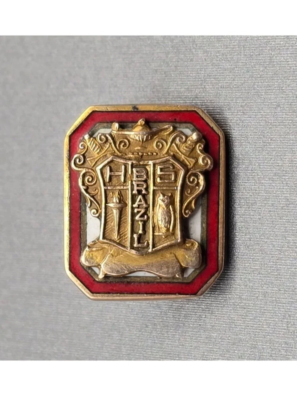 Vintage Brazil 13k Gold Guilloche Enamel Coat of Arms Shield Academic Brooch Pin - Picture 11 of 11